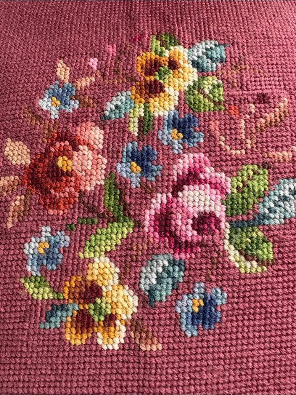 Embroidered Handmade Floral Needlepoint Pillow Cover🌸Rose Pink with Velvet Back